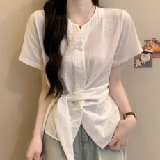 批发云朵皱<b class='q'>短袖</b><b class='q'>衬衫女</b>2026夏季新款爆款法式V领小资掐腰不规则绑