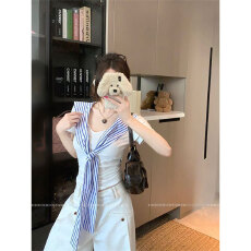 批发原版品质假两件条纹海军领短袖T恤女夏季修身显瘦白色上衣