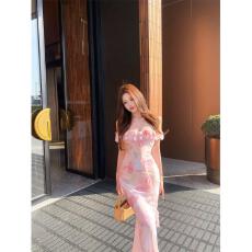 批发一字肩荷叶边短袖连衣裙女<b class='q'>夏季</b>蝴蝶印花鱼尾裙子纯欲收腰包臀长裙