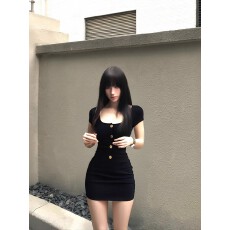 批发气质方领金属扣修身连衣裙<b class='q'>夏季</b>简约大方名媛千金辣妹<b class='q'>短裙</b>