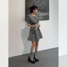 批发法式气质娃娃领泡泡袖连衣裙女夏季高级感小众设计小个子收腰裙子