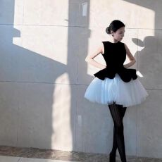 批发2026新款设计感丝绒拼接芭蕾裙公主风网纱无袖背心连衣裙蓬蓬裙女