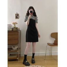 批发高级感黑灰色正肩<b class='q'>连衣裙</b>女2026春夏大码胖mm掐腰直筒<b class='q'>假两件</b>小黑裙