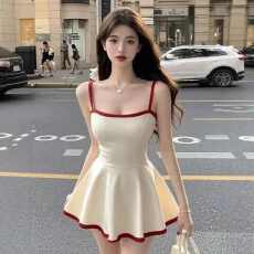 批发美式复古拼接吊带连衣<b class='q'>裙</b>女夏季新款修身收腰显瘦小众a字短<b class='q'>裙</b>子潮