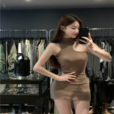 批发辣妹高领镂空连衣裙女春季2026新款收腰修身包臀短裙露肩裙子