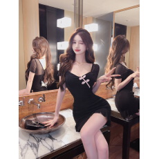 批发新中式旗袍盘扣网纱连衣裙女设计感时尚性感气质紧身收腰包臀短裙