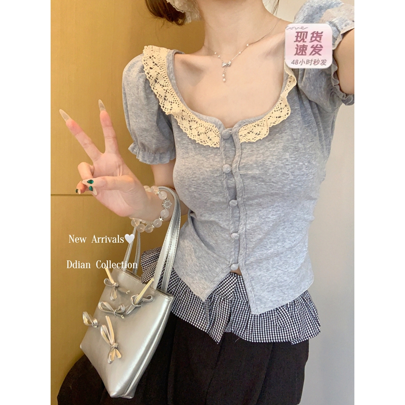 MY16982# 蕾丝拼接短袖T恤女正肩短款上衣女裝貨源服裝批發