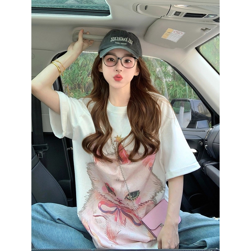MY16981# 猫咪印花短袖t恤设计感宽松大版上衣女裝貨源服裝批發