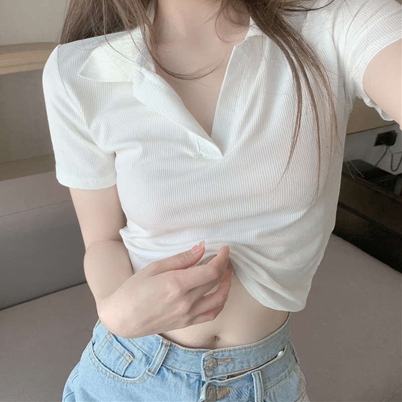 MY16972# 纯欲风polo领短袖t恤女小个子新款修身翻领半袖上衣短款女裝貨源服裝批發