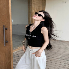 批发2*2260克<b class='q'>莫代尔</b> polo领背心t恤女夏季修身显瘦露脐短款上衣