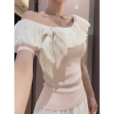 批发韩版mm气质荷叶边短袖T恤女2026年夏季新款高级感一字领露肩上衣