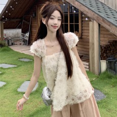 批发重工立体网纱小飞袖衬衫女夏季法式方领短袖宽松小衫独特别致上衣