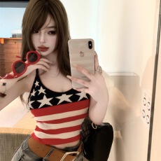 批发星星撞色条纹挂脖吊带背心女夏季美式热辣妹内搭美背外穿紧身上衣