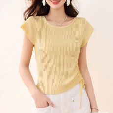 2026年夏季新款韩版时尚简约圆领坑条显瘦抽绳收腰短袖上衣女