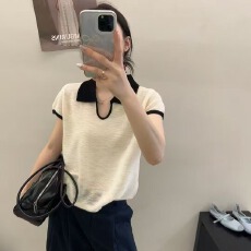 2026夏季新款翻领撞色小众针织衫小衫气质洋气短袖上衣冰丝t恤女