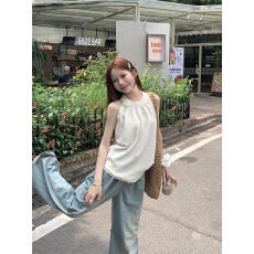 批发白色法式气质高级感无袖挂脖吊带背心女夏季小众宽松休闲外穿上衣