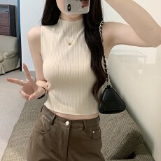 批发半高领针织背心女夏季新款修身外穿<b class='q'>小西装</b>内搭短款坑条无袖上衣