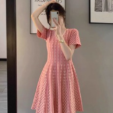 批发小香风粉色V领提花短袖连衣裙夏季新款小个子显瘦收腰a字裙子女