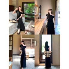 批发2026年<b class='q'>夏</b>新款 松弛感美女 高级感拼接木耳边斜肩绑带针织连衣裙女