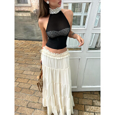 批发甜辣波点花边领 黑色透视感露背绑带修身<b class='q'>背心</b>女-