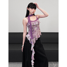 批发紫晶恋曲 浪漫少女感扎染艺术网纱荷叶边飘带挂脖吊带女