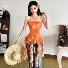 批发夏日甜辣妹减龄扎染挂脖<b class='q'>背心</b>女荷叶边飘带小众显瘦别致上衣