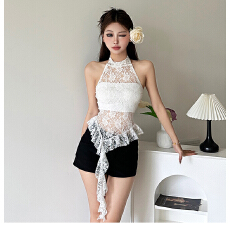 批发纯欲御姐性感木耳边蕾丝钩花肌理感百搭露肩<b class='q'>背心</b>女夏