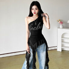 批发y2k辣妹复古烫钻斜肩飘带<b class='q'>吊带</b><b class='q'>背心</b>女潮 不规则百搭上衣