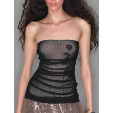 批发双层朦胧玫瑰撞色无袖性感抹胸裹胸印花修身网纱性感上衣