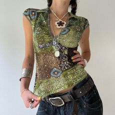 批发森系法则植物印花半开扣翻领短袖T恤 复古百搭显瘦上衣