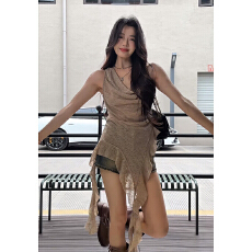 批发美式辣妹荡领荷叶边<b class='q'>背心</b>夏季新款修身显瘦设计感性感不规则上衣