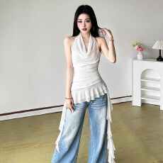 批发可纯可御设计感褶皱荡领挂脖<b class='q'>背心</b>荷叶边飘带显瘦不规则上衣