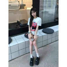 批发刺绣甜美<b class='q'>可爱</b>小黑猫格纹苹果纯棉短袖T恤夏季新款百搭上衣女