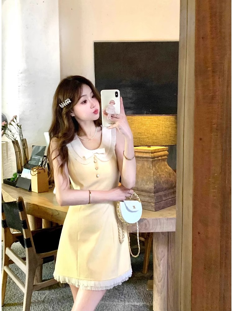 RY324# 法式气质小香风娃娃领无袖连衣裙女夏季收腰显瘦富家千金黄色短裙