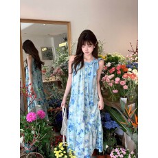 批发夏季气质宽松慵懒风无袖背心长裙子法式高级感<b class='q'>蕾丝</b>小苍兰连衣裙女