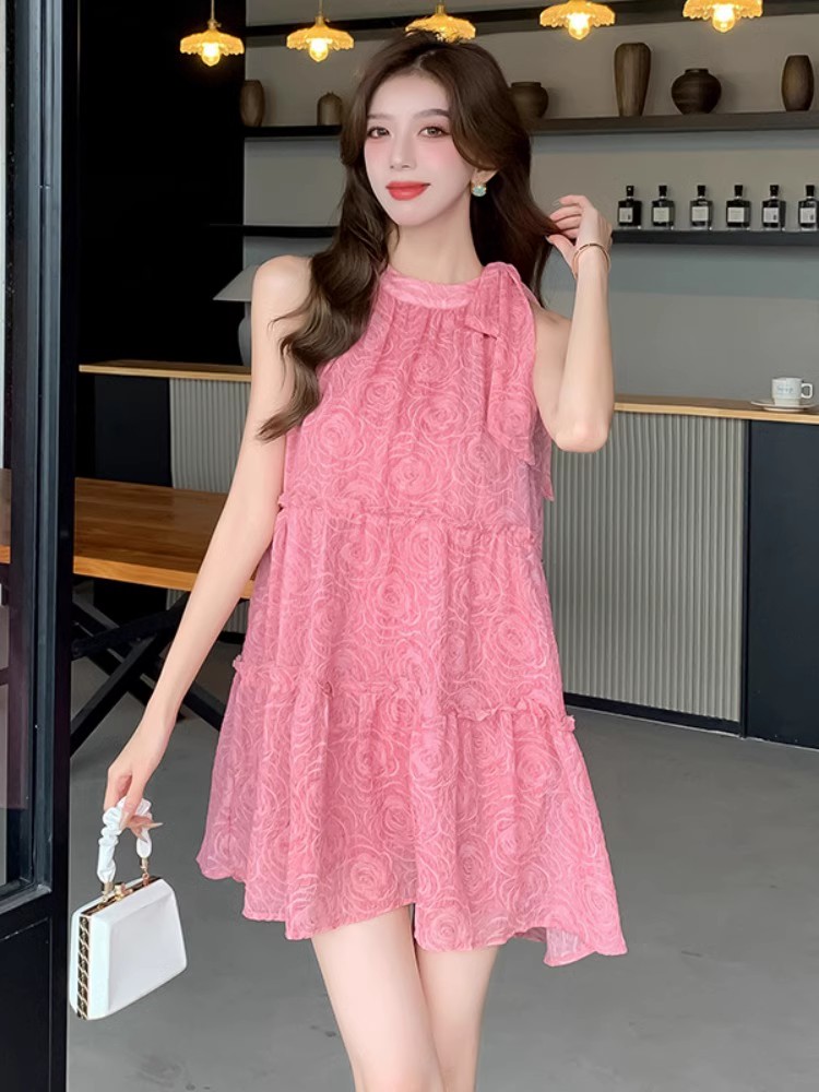 RY323# 温柔风粉色挂脖连衣裙女夏日海边度假沙滩裙超好看印花大摆短裙子