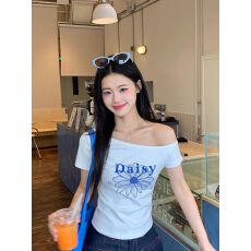 原版质量韩系露肩T恤女夏季简约斜肩小雏菊印花百搭短袖上衣