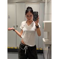 原版面料 雪花棉2026复古后背字母印花V领短袖宽松休闲打底女