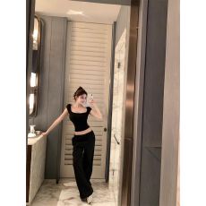 40支1×1人棉纯欲风方领蕾丝短袖t恤女夏修身设计感显瘦上衣