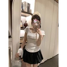 40支92棉8氨纶2026夏季蕾丝边一字露肩短袖t恤女收腰打底上衣