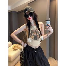 批发原版质量美式复古印花黑色吊带女露背设计感绑带独特短款上衣