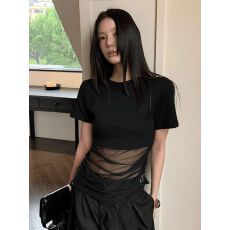 批发黑色<b class='q'>网纱</b>拼接正肩短袖t恤女夏季2026新款设计感小众修身显瘦<b class='q'>上衣</b>