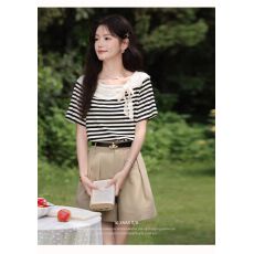 批发法式甜美蝴蝶结条纹T恤女夏季新款短袖独特别致正肩上衣小衫体恤