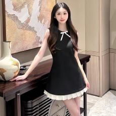 批发纯欲甜妹蝴蝶结无袖<b class='q'>连衣裙</b>女夏季拼接减龄收腰显瘦背心黑色中短裙