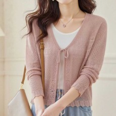 批发2026年夏季<b class='q'>韩版</b>新款时尚V领纹理镂空冰爽丝针织系带长袖<b class='q'>开衫</b>上衣