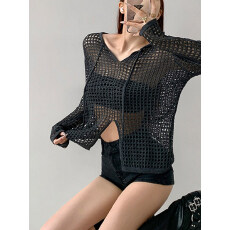 批发美式透视宽松镂空针织设计感长袖上衣女春夏新款开叉防晒网格罩衫