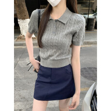 批发老钱风polo领麻花纹针织短袖女<b class='q'>春</b>夏季正肩打底小个子短款T恤上衣