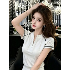 批发美式复古V领针织短袖女夏季2026<b class='q'>新款</b>时尚修身拉链撞色条纹上衣