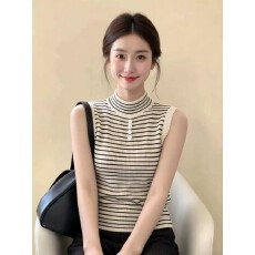 批发韩系独特条纹半高领针织无袖背心女夏设计感<b class='q'>时尚</b>减龄修身显瘦上衣