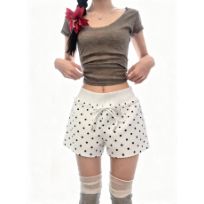 批发纯棉复合波点短裤 抽绳<b class='q'>休闲</b>运动短裤女松紧腰包臀热裤百搭裤